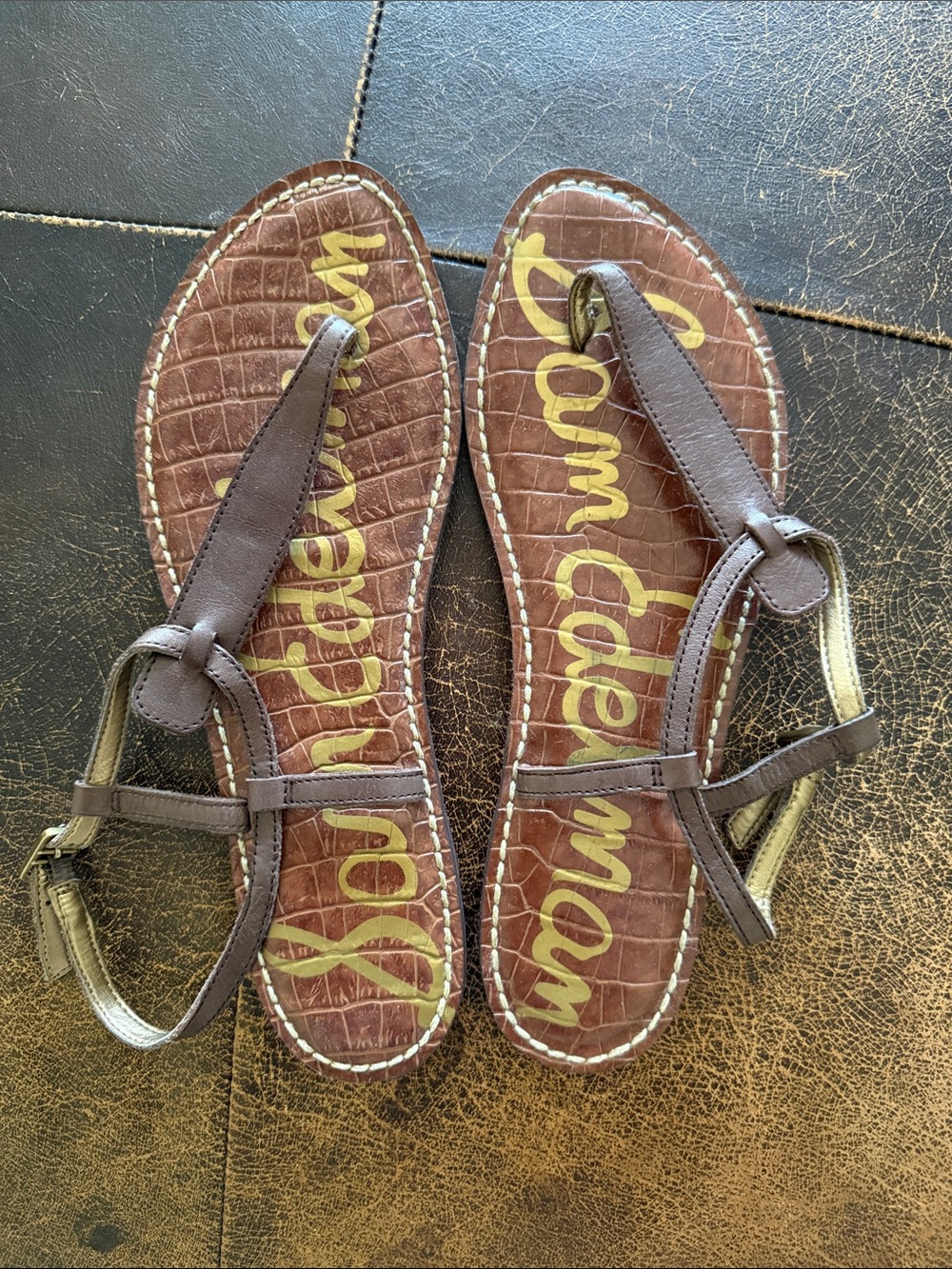 Sam Edelman Brown Croc-Print Thong Sandals with Ankle Strap